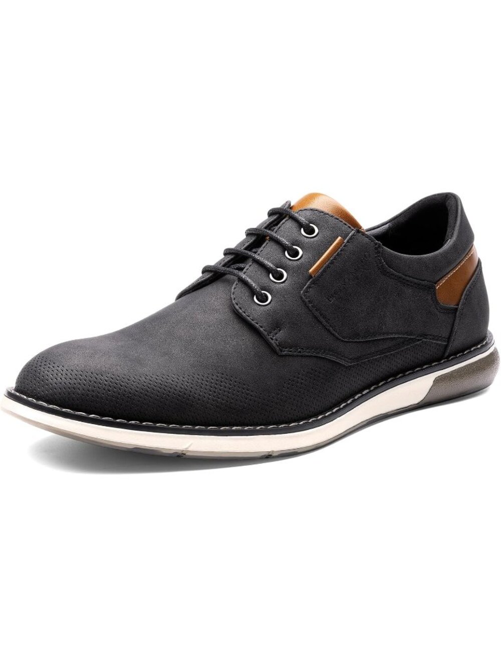 Men's Black-Waxy Shock-absorbent Perforated Synthetic Leather Oxford Derby Shoes
